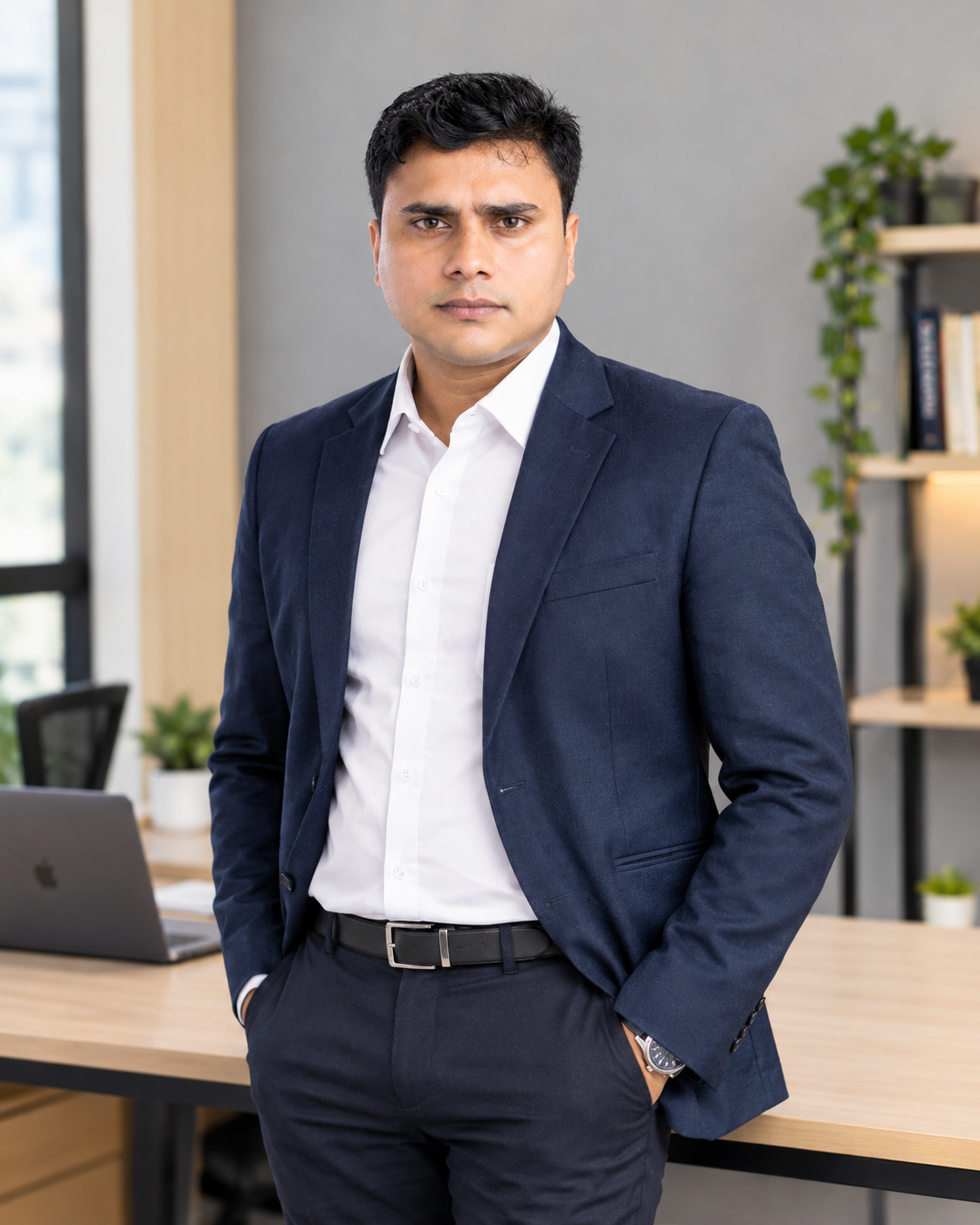 Professional South Asian digital marketing freelancer and business growth strategist standing in a modern office with a laptop workspace in the background.
