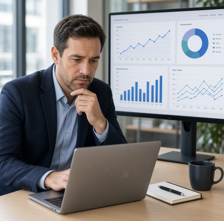 Business owner reviewing digital marketing performance and analytics on a laptop in a modern office.