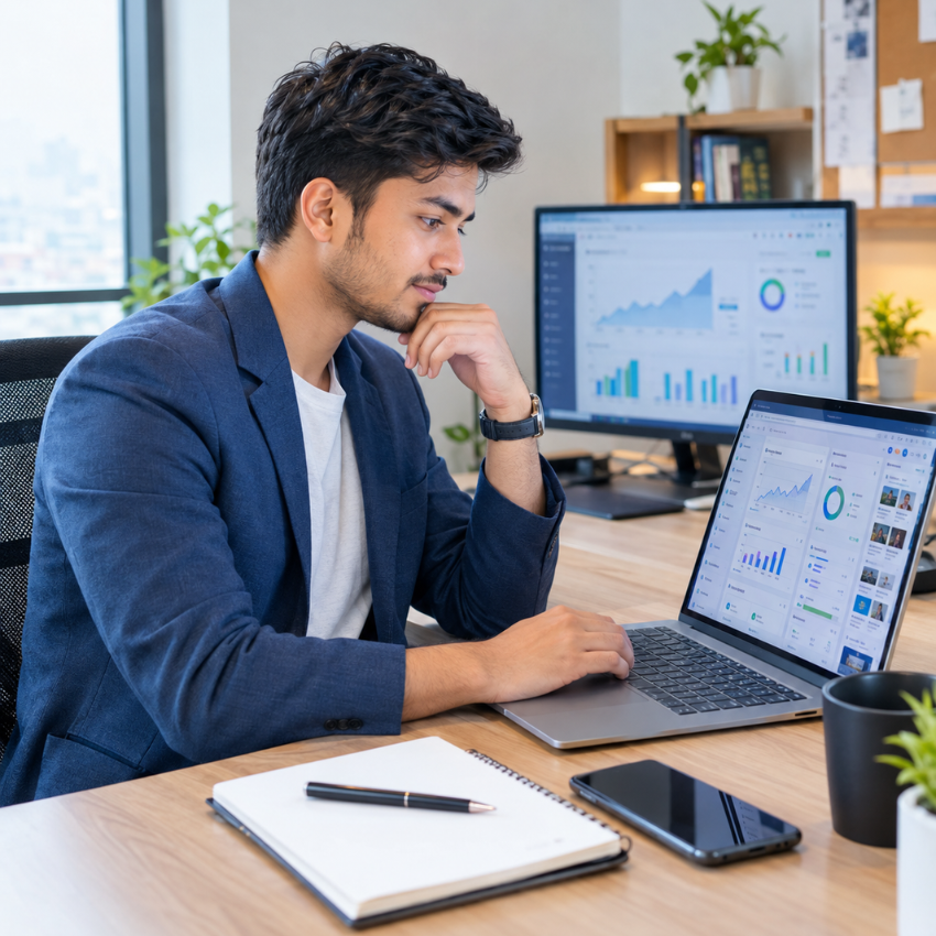 Using AI-powered digital marketing tools and analytics on a laptop in a professional office.