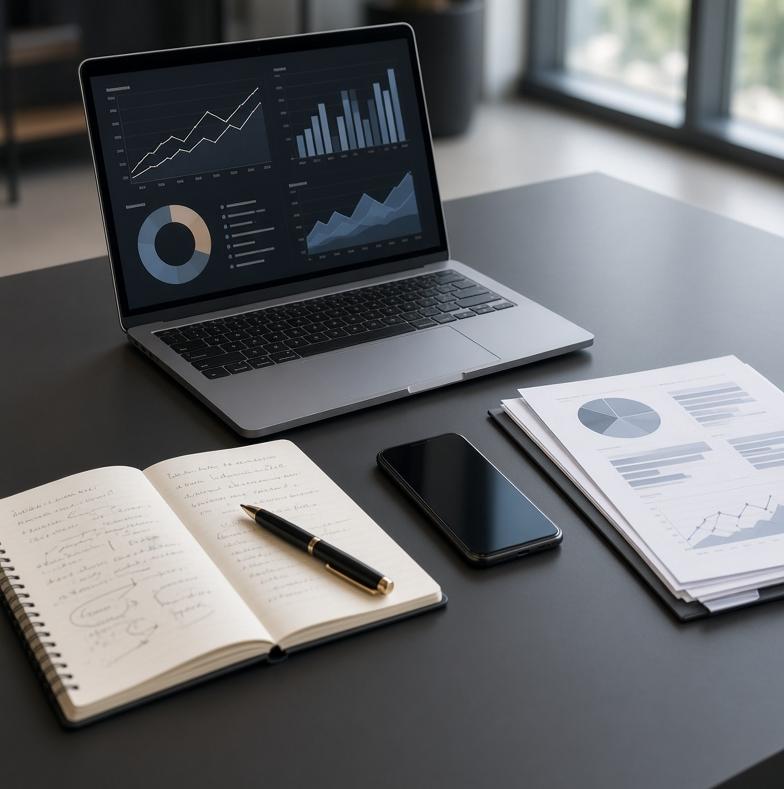 Professional digital marketing strategy workspace with laptop, analytics, notebook and business planning.
