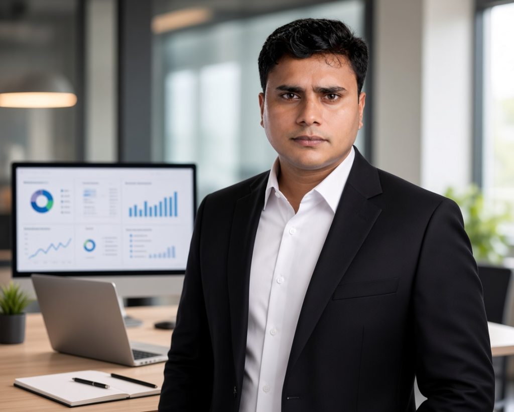 Bijay Kumar Sahani in a professional office discussing digital marketing strategy and business growth.